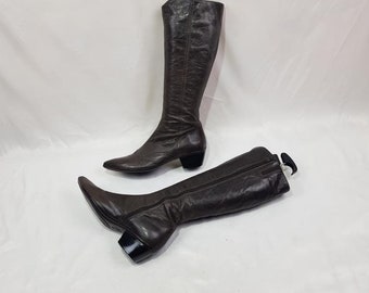 Pointed toe boots, y2k fashion vintage knee high boots, shoes women, witchy brown leather boots women, made in Italy handmade low heel boots