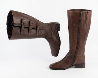 Leather knee high square toe buckle boots women: Vintage brown, wide calf, 8 US