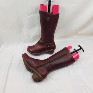 Burgundy red leather mid calf boots women, shoes women, 90s vintage mod cherry boots women, y2k heeled round toe womens boots size 7 US