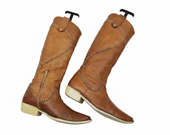 Botas vaqueras de cuero vintage para mujer, hasta la rodilla, con tachuelas.