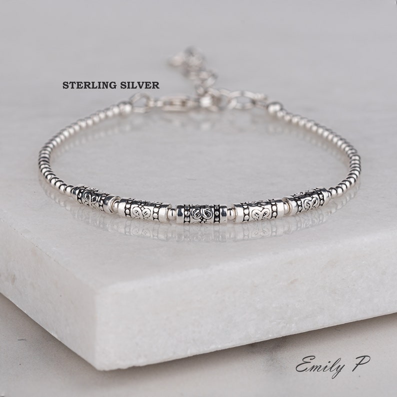 Sterling Silver Tube Bracelet, S925 Plain Silver Beaded Bracelet, Silver Stacking Bracelet, Minimalist Silver Jewellery, Gift for Women 画像 1