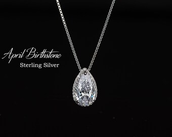 April Birthstone Necklace, Sterling Silver CZ Pendant, Teardrop Cubic Zirconia Necklace, Clear CZ Necklace, Birthday Gift for Women