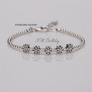 50th Birthday Gift, Sterling Silver 5 Daisy Flower Bracelet, 50th Jewellery, Minimalist Jewelry, Milestone Bracelet, Birthday Gift For Women