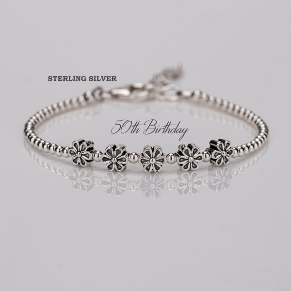 50.Geburtstag Geschenk, Sterling Silber 5 Gänseblümchen Armband, Schmuck zum 50