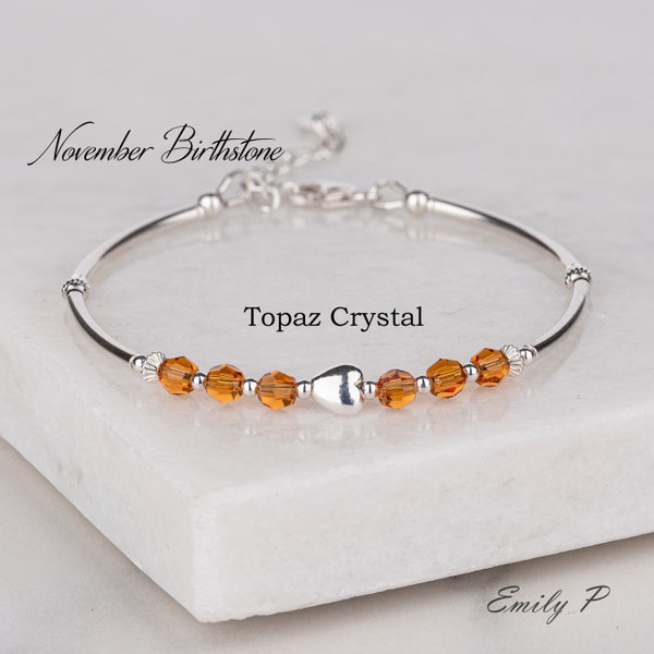 November Birthstone Bracelet, Swarovski Topaz Crystals, Sterling Silver Heart Bracelet, Crystal Jewellery, Birthday Gift for Women