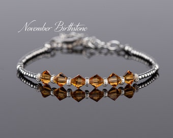 November Birthstone Bracelet, Swarovski Topaz Crystals, Sterling Silver Beaded Bracelet, Topaz Crystal Jewellery, Birthday Gift for Women