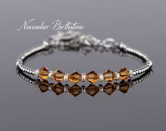 November Birthstone Bracelet, Swarovski Topaz Crystals, Sterling Silver Beaded Bracelet, Topaz Crystal Jewellery, Birthday Gift for Women