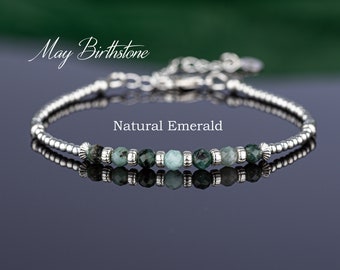 May Birthstone Bracelet, Dainty Natural Emerald Bracelet, Sterling Silver Beaded Bracelet, Green Precious Gemstone Bracelet, Gift for Women