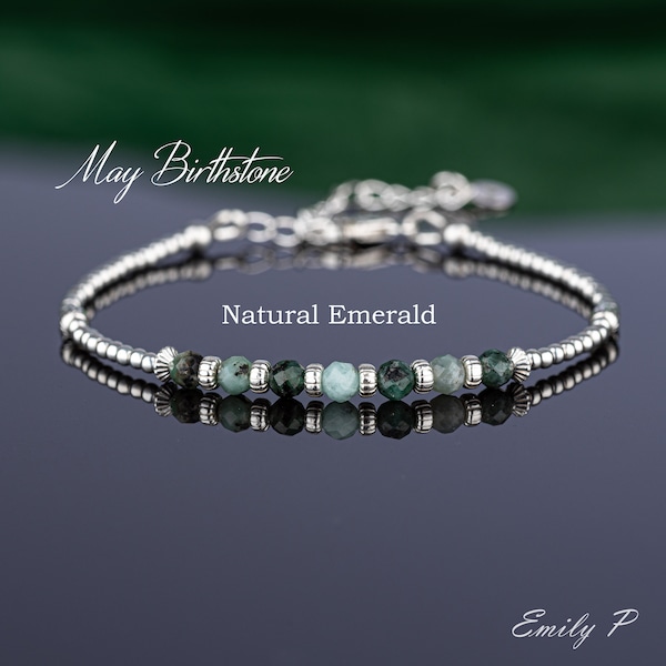 May Birthstone Bracelet, Dainty Natural Emerald Bracelet, Sterling Silver Beaded Bracelet, Green Precious Gemstone Bracelet, Gift for Women