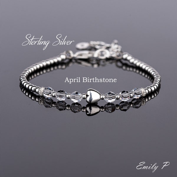 April Birthstone Bracelet, Clear Crystal Bracelet, Sterling Silver Heart Bracelet, Clear Crystal Jewellery, Birthday Gift for Women