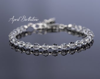 April Birthstone Bracelet, Clear Crystal Bracelet, S925 Sterling Silver Beaded Bracelet, Clear Crystal Jewellery, Birthday Gift for Women