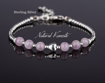 Dainty Natural Kunzite Bracelet, Sterling Silver Heart Bracelet, Purple Gemstone Bracelet, Kunzite Jewellery, Gift for Women