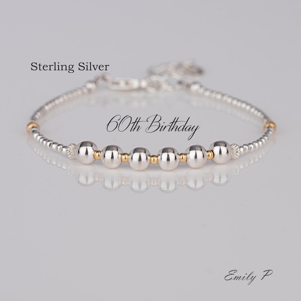 60th Birthday Gift, Sterling Silver 6 Bead Bracelet, 60th Jewellery, Minimalist Jewelry, Milestone Bracelet, Birthday Gift For Women