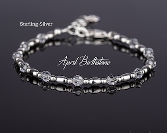 April Birthstone Bracelet, Clear Crystal Bracelet, S925 Sterling Silver Beaded Bracelet, Clear Crystal Jewellery, Birthday Gift for Women