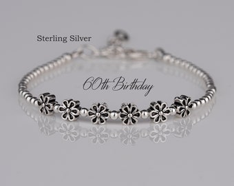 60th Birthday Gift, Sterling Silver 6 Daisy Flower Bracelet, 60th Jewellery, Minimalist Jewelry, Milestone Bracelet, Birthday Gift For Women