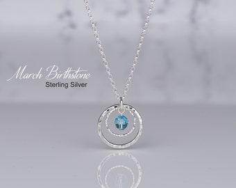 March Birthstone Necklace, Circle of Life Sterling Silver Necklace, Pendant with Swarovski Aquamarine Crystal, Birthday Gift for Women