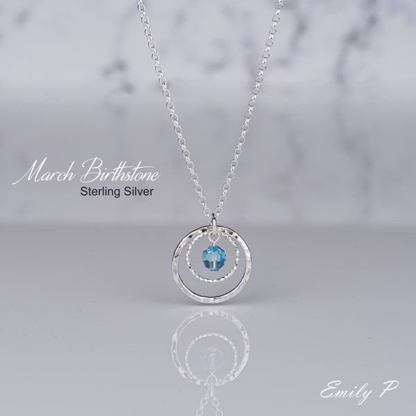 March Birthstone Necklace, Circle of Life Sterling Silver Necklace, Pendant with Swarovski Aquamarine Crystal, Birthday Gift for Women