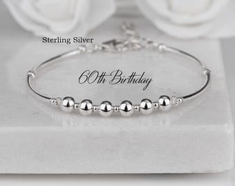 60th Birthday Gift, Sterling Silver 6 Bead Bracelet, Milestone Jewelry