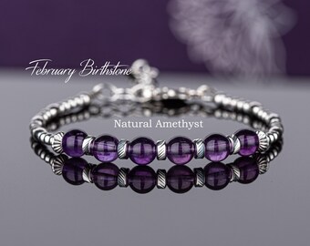 February Birthstone Bracelet, Natural Amethyst Bracelet,  Sterling Silver Beaded Bracelet, Purple Gemstone Jewellery,Birthday Gift For Women