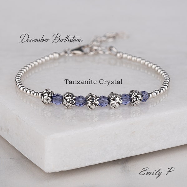 December Birthstone Bracelet, Swarovski Tanzanite Crystals, Sterling Silver Lotus Beaded Bracelet, Crystal Jewellery Birthday Gift for Women