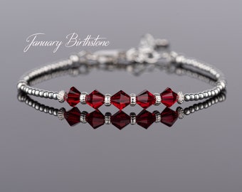 January Birthstone Bracelet, Garnet Crystals Bracelet, Sterling Silver Beaded Bracelet, Red Crystal Jewellery, Birthday Gift for Women