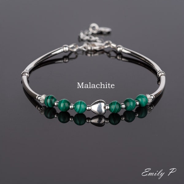 Dainty Natural Malachite Bracelet, Sterling Silver Heart Bracelet, Genuine Malachite Jewellery, 925 Silver Tube Bracelet, Gift for Women