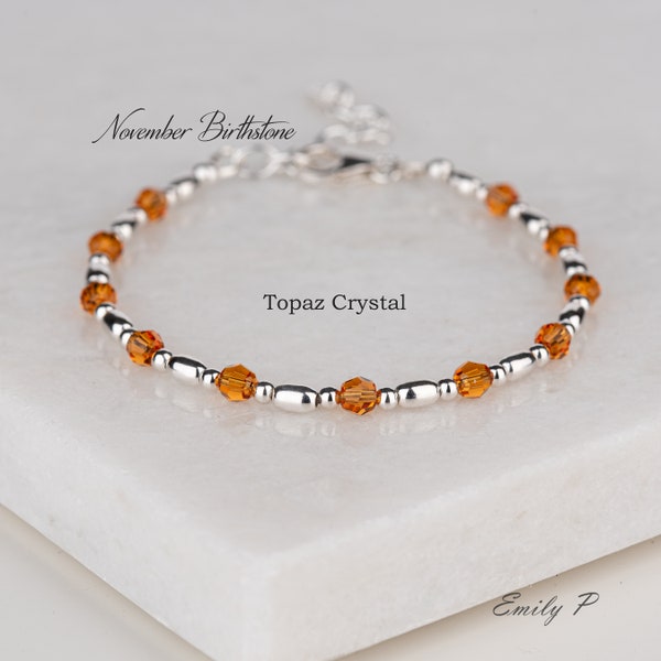 November Birthstone Bracelet, Swarovski Topaz Crystals, Sterling Silver Beaded Bracelet, Crystal Jewellery, Birthday Gift for Women