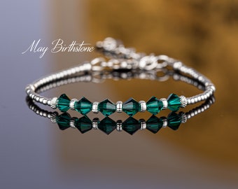 Swarovski Emerald Green Crystal Bracelet, Sterling Silver Beaded May Birthstone