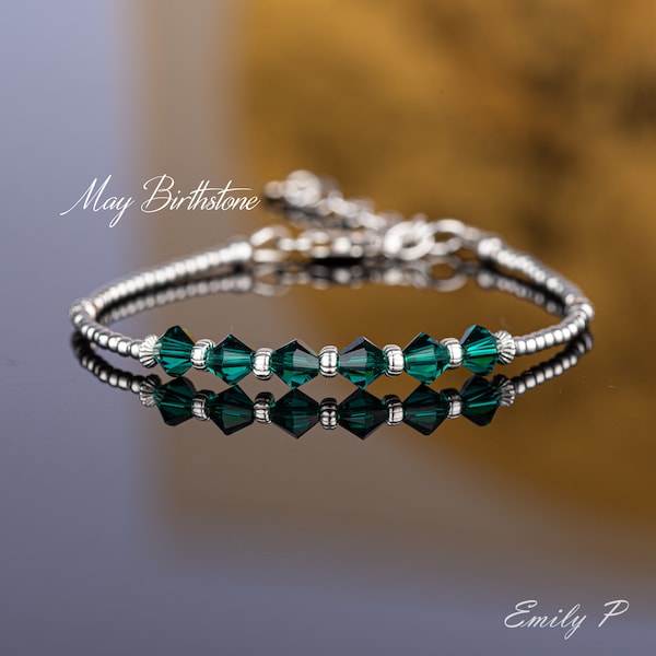 Swarovski Emerald Green Crystal Bracelet, Sterling Silver Beaded May Birthstone