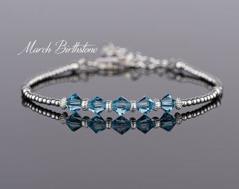 March Birthstone Bracelet, Aquamarine Crystal Bracelet, Sterling Silver Beaded Bracelet, Blue Crystal Jewellery, Birthday Gift for Women