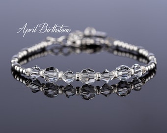 April Birthstone Bracelet, Clear Crystal Bracelet, Sterling Silver Beaded Bracelet, Clear Crystal Jewellery, Birthday Gift for Women