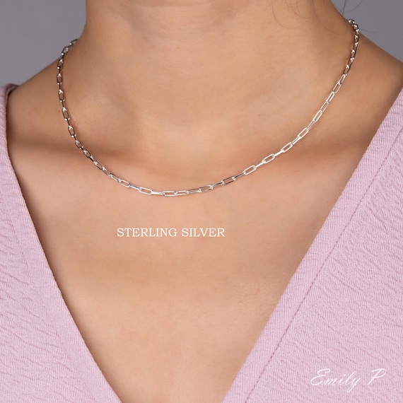 Sterling Silver Paper Clip Chain Necklace, S925 Silver Long