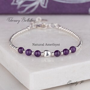 February Birthstone Bracelet, Natural Amethyst Bracelet, Sterling Silver Heart Bracelet, Amethyst Jewellery, Birthday Gift for Women