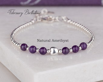 February Birthstone Bracelet, Natural Amethyst Bracelet, Sterling Silver Heart Bracelet, Amethyst Jewellery, Birthday Gift for Women