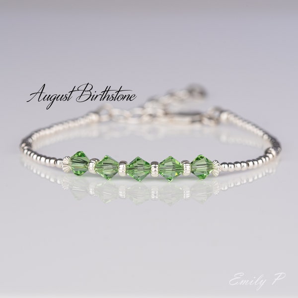 August Birthstone Bracelet, Swarovski Peridot Crystals, Sterling Silver Beaded Bracelet, Peridot Crystal Jewellery, Birthday Gift for Women