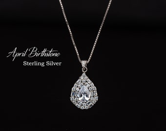 April Birthstone Necklace, Sterling Silver CZ Pendant, Teardrop Cubic Zirconia Necklace, Clear CZ Necklace, Birthday Gift for Women