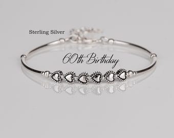 60th Birthday Gift, Sterling Silver 6 Heart Bracelet, 60th Jewellery, Minimalist Jewelry, Milestone Bracelet, Birthday Gift For Women