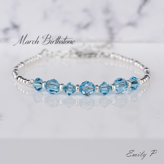 March Birthstone Bracelet Aquamarine Crystal Bracelet Sterling Silver Beaded Bracelet Blue Crystal Jewellery Birthday Gift for Women