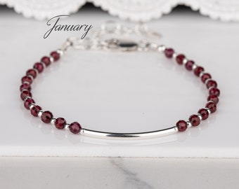 January Birthstone Bracelet, Natural Garnet Bracelet, Sterling Silver Beaded Bracelet, Garnet Gemstone Jewellery, Birthday Gift For Women