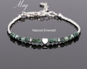 May Birthstone Bracelet, Natural Emerald Bracelet, Dainty Sterling Silver Heart Bracelet, Emerald Jewellery, Birthday Gift For Women