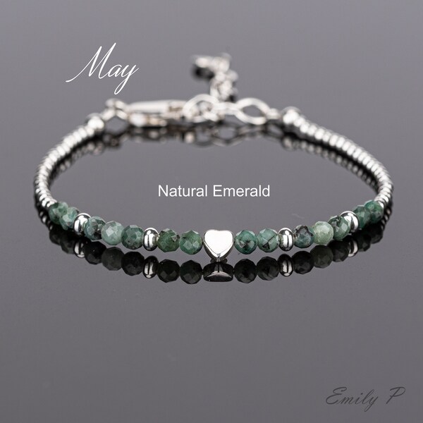 May Birthstone Bracelet, Natural Emerald Bracelet, Dainty Sterling Silver Heart Bracelet, Emerald Jewellery, Birthday Gift For Women