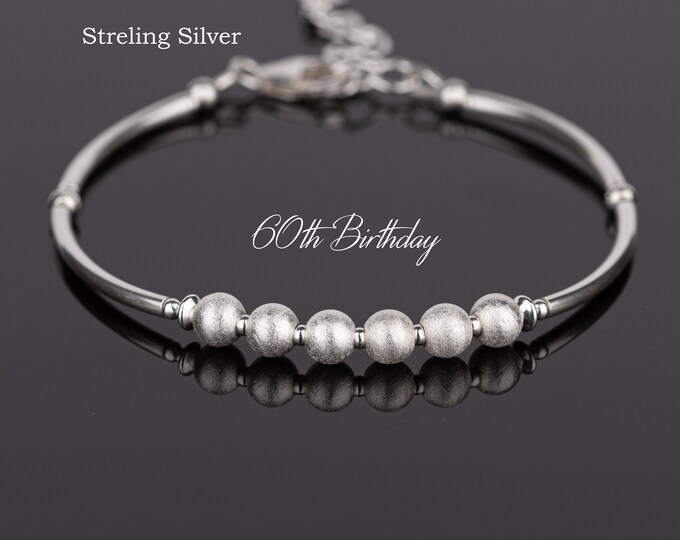60th Birthday Gift, Sterling Silver 6 Bead Bracelet, 60th Jewellery 