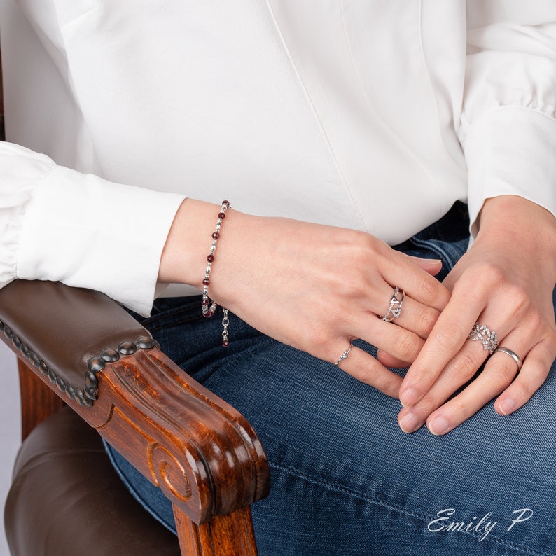 January Birthstone Bracelet, Dainty Natural Garnet Bracelet, Sterling Silver Garnet Bracelet, Red Gemstone Jewellery,Birthday Gift For Women image 3