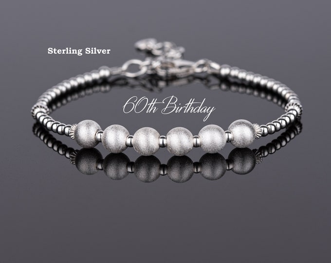 60th Birthday Gift, Sterling Silver 6 Bead Bracelet, 60th Jewellery 