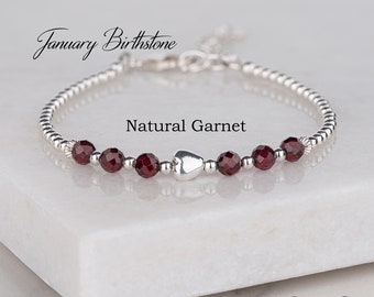 January Birthstone Bracelet, Natural Garnet Bracelet, Sterling Silver Heart Bracelet, Garnet Jewellery, Birthday Gift for Women