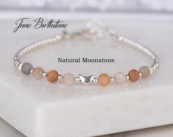 June Birthstone Bracelet, Dainty Natural Moonstone Bracelet, Sterling Silver Moon Bracelet, Mixed Moonstone Jewellery, Birthday Gift for Her
