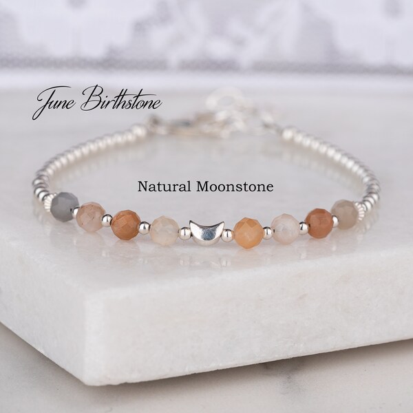 June Birthstone Bracelet, Dainty Natural Moonstone Bracelet, Sterling Silver Moon Bracelet, Mixed Moonstone Jewellery, Birthday Gift for Her