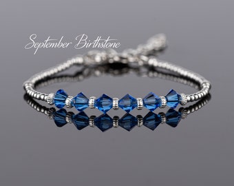 September Birthstone Bracelet, Swarovski Sapphire Crystals, Blue Crystal Jewellery, Sterling Silver Beaded Bracelet, Birthday Gift for Women