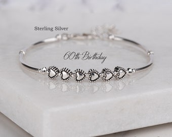 60th Birthday Gift, Sterling Silver 6 Heart Bracelet, 60th Jewellery, Minimalist Jewelry, Milestone Bracelet, Birthday Gift For Women