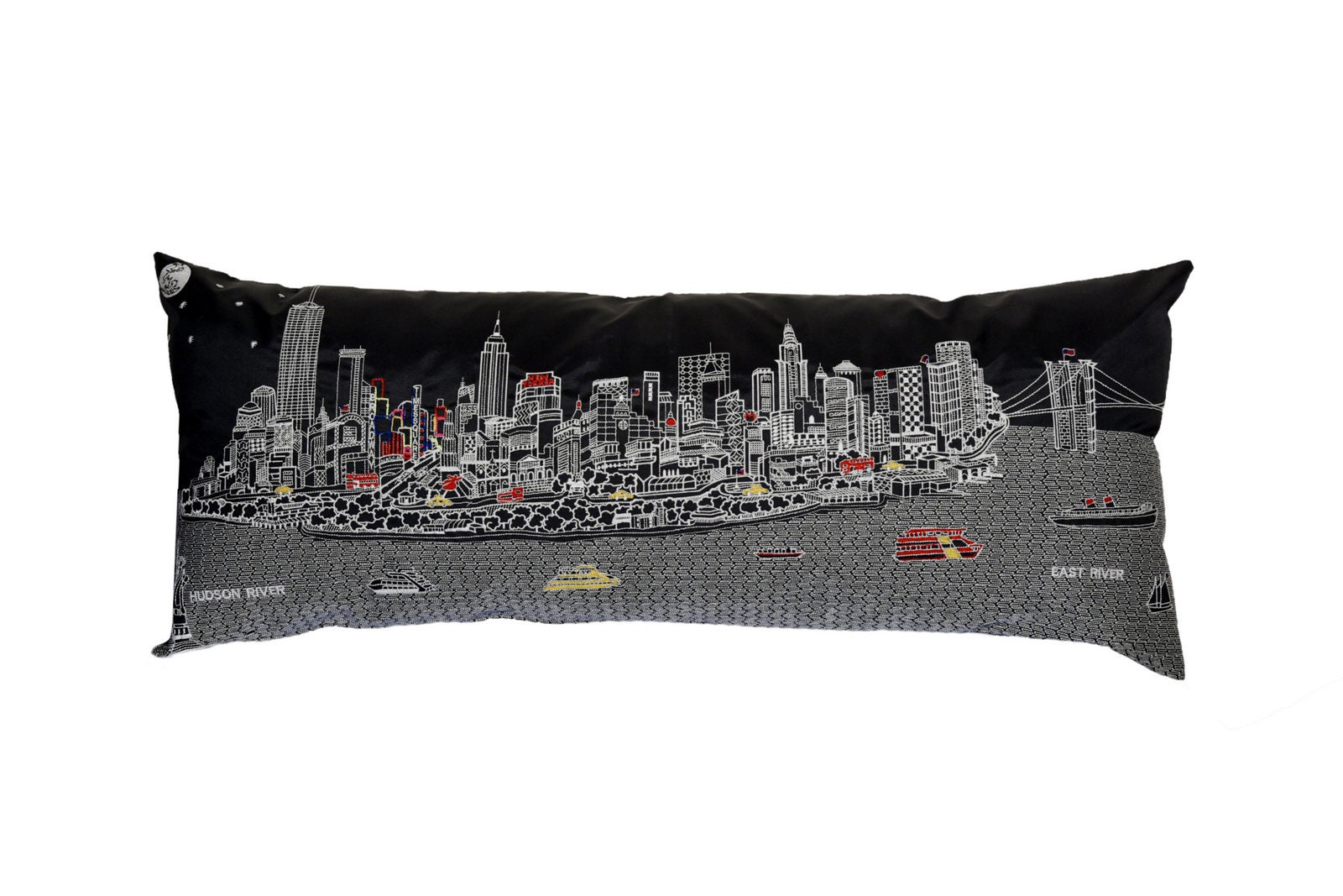 New York City NYC Skyline Night Time Embroidered Black Pillow Scenic Premium
